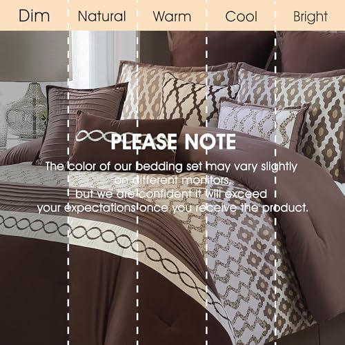 LANCO MODERN LIFESTYLE King Size Comforter Set, Brown, 10 Piece Bed in a Bag for All Seasons, Luxury Extreme Comfort Bedding Sets with Bedskirt, Pillow Shams, Euro Shams and Decor Pillows