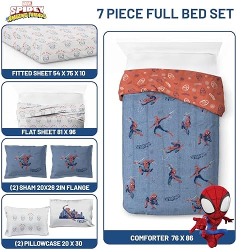 Marvel Spiderman Full Comforter Set 7 Piece Bedding for Boys, Blue
