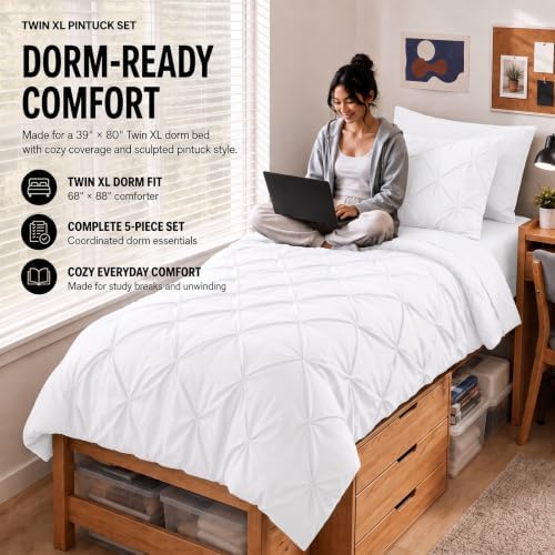 HIMEET Twin XL Comforter Set White - 5 Pieces Pintuck Bed in a Bag