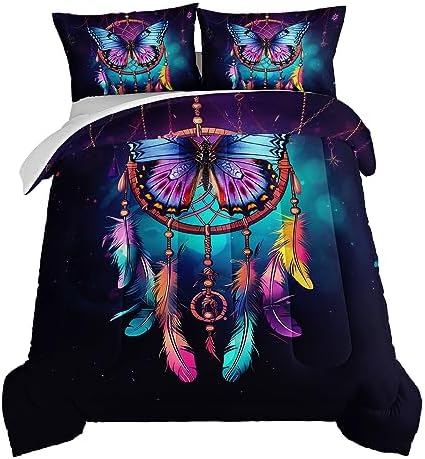 HOSIMA Dream Catcher Comforter Set 3Pcs for Teens Adults Girls Room Decor,Boho Bedding King Size Comforter Set Native American Gypsy Butterfly Bedding Indian Hippie Feather Comforter.