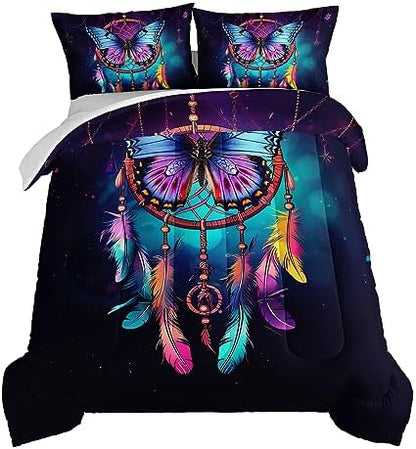 HOSIMA Dream Catcher Comforter Set 3Pcs for Teens Adults Girls Room Decor,Boho Bedding King Size Comforter Set Native American Gypsy Butterfly Bedding Indian Hippie Feather Comforter.