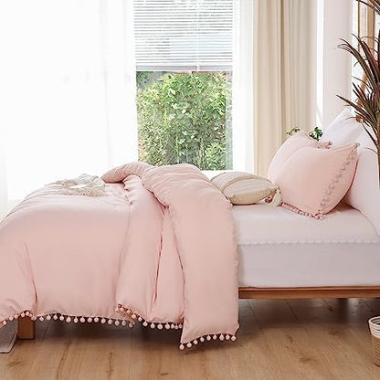 YIRDDEO Twin Comforter Set, Blush Pink Ball Pom Fringe Bedding Set 2 Pcs