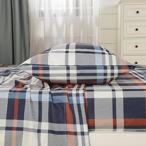 Chezmoi Collection 3-Piece Lodge Plaid Sheet Set Twin Size - Blue Orange White Herringbone Plaid Stripe Printed Brushed Microfiber Lightweight Breathable Deep Pocket Bed Sheets