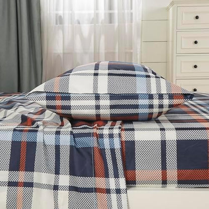 Chezmoi Collection 3-Piece Lodge Plaid Sheet Set Twin Size - Blue Orange White Herringbone Plaid Stripe Printed Brushed Microfiber Lightweight Breathable Deep Pocket Bed Sheets