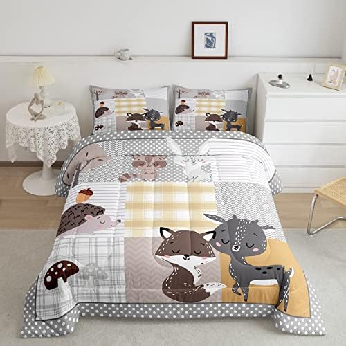 Homewish Cute Animals Full Size Comforter Set,Deer and Fox Bedding Set for Adults Teens,Children Grid Geometric Stripe Comforter Luxury Wild Animals Quilt Set Room Decor 3Pcs