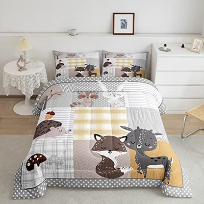 Homewish Cute Animals Full Size Comforter Set,Deer and Fox Bedding Set for Adults Teens,Children Grid Geometric Stripe Comforter Luxury Wild Animals Quilt Set Room Decor 3Pcs