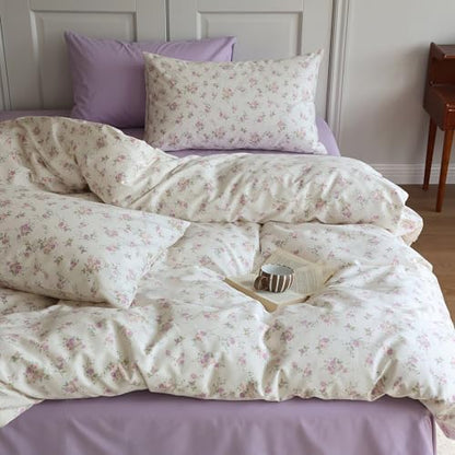 Vintage Floral Comforter Set King 3 Pieces Boho Floral Bedding Comforter Fluffy Soft Botanical Flowers Comforter with 2 Pillowcases Cottagecore Bedding Set Pink Purple Flowers King Comforter Set
