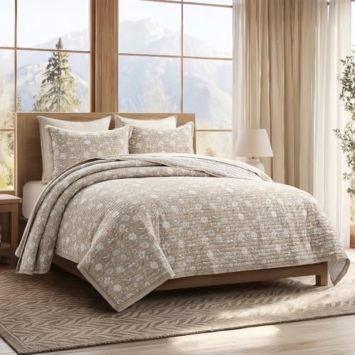 EverGrace 100% Cotton Floral Quilt Set, Queen Size, Sandstone Beige 92"×96"