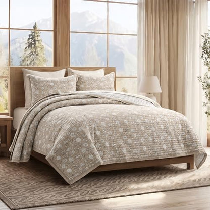 EverGrace 100% Cotton Floral Quilt Set, Queen Size, Sandstone Beige 92"×96"
