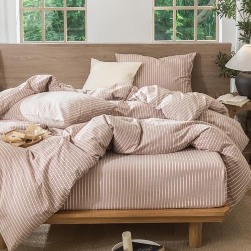 MooMee Striped Duvet Cover Set 100% Washed Cotton Linen Like Super King