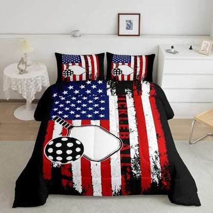 Feelyou Pickleball Bedding Set Boys Girls King Size American Flag Comforter Set for Kids Women Men Pick Racket Pattern Comforter Sports Game Duvet Set Pickleball Themed Gifts Quilt Set