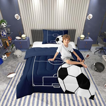 Castle Fairy Football Kids Comforter Set,Boys Soccer Sports Theme Bedding Set All Season,Football Court Blue White Comforter 2 Pcs with 1 Pillowcase,Ball Playground Quilt Bedroom Decor,Toddler Size