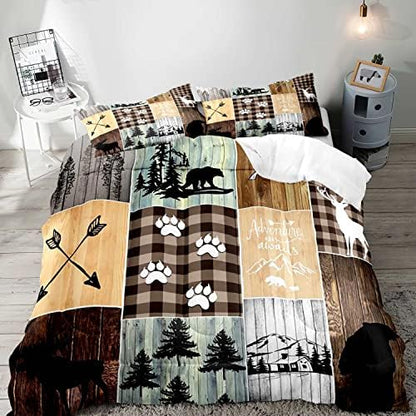 LUVIVIHOME 2PCS Farmhouse Cabin Comforter Set, Twin Bed Set, Black Bear Deer Elk Moose Woodland Forest Animals Wildlife Hunting Brown Plaid Patchwork Lodge Country Rustic Bedding Quilt, 1 Pillow Sham