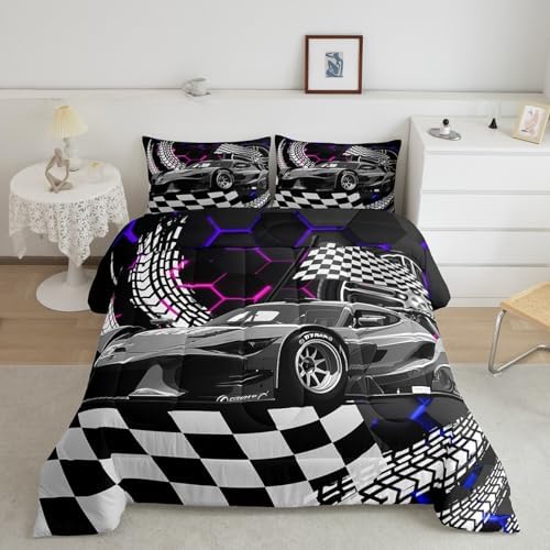 Toddler Race Car Bed for Boys,Blue Purple Neon Lights Honeycomb Bedding Set Cool Sports Car Glitter Beehive Geometric Hexagon Queen Comforter Set,Black White Grid Lattice Quilt Buffalo Plaid Decor