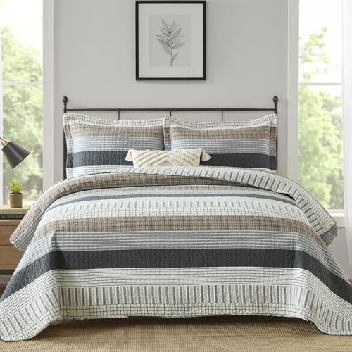 Finlonte 100% Cotton King Size Quilt Set, Patchwork Striped King Quilt Bedding Set Farmhouse Bedspread, Lightweight Quilted Comforter Reversible Bed Spread for All Season, White/Brown/Grey, 3 Pieces