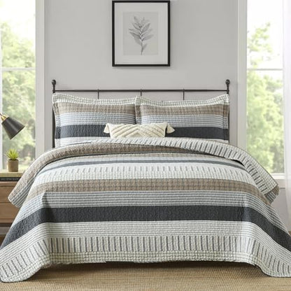 Finlonte 100% Cotton King Size Quilt Set, Patchwork Striped King Quilt Bedding Set Farmhouse Bedspread, Lightweight Quilted Comforter Reversible Bed Spread for All Season, White/Brown/Grey, 3 Pieces