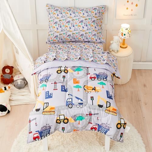 lasoftan Construction Toddler Bedding Set for Boys, 4 Piece Bed-in-a-Bag Toddler Comforter Sets, Excavator, Cars Printed, Super Soft and Comfortable Microfiber Todeeler Bed Set