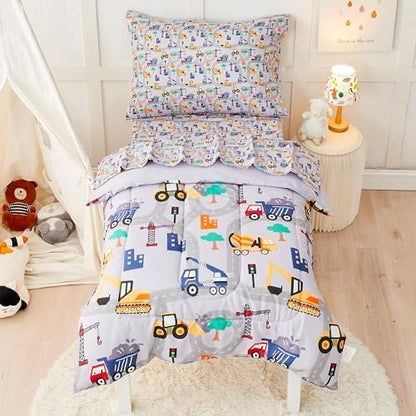 lasoftan Construction Toddler Bedding Set for Boys, 4 Piece Bed-in-a-Bag Toddler Comforter Sets, Excavator, Cars Printed, Super Soft and Comfortable Microfiber Todeeler Bed Set