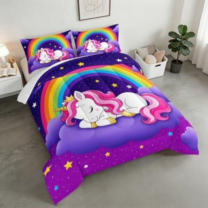 Cute Unicorn Twin Size Comforter Set for Girls with 2 Pillowcases.