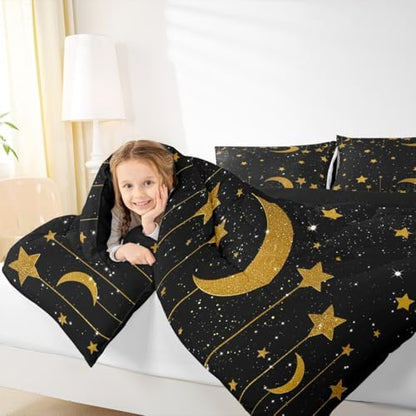 Homewish Starry Sky Comforter Set,Stars and Moon Bedding Set for Kids Girls Women,Adults Gold and Black Comforter,Galaxy Quilted Duvet Set Bedroom Collection Twin Size 2Pcs