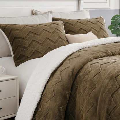 BEDELITE Fluffy Sherpa Queen Comforter Set,Brown