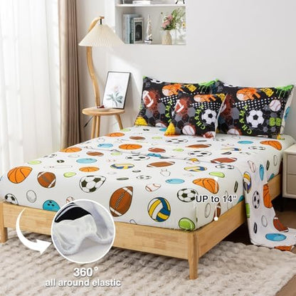 A Nice Night 6Pcs Bed in A Bag Full Sports Microfiber Comforter Set,Black Rugby Ball Basketball Printed Bedding Collections,for Boys Kids Teen