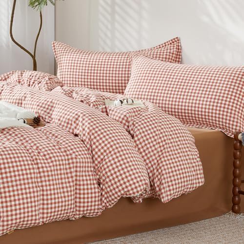 SAPHREAS Gingham Duvet Cover Set King Size, 100% Washed Cotton Linen Like Plaid Comforter Cover with Zipper Closure & Corner Ties (No Comforter), 104x90 Brick Red