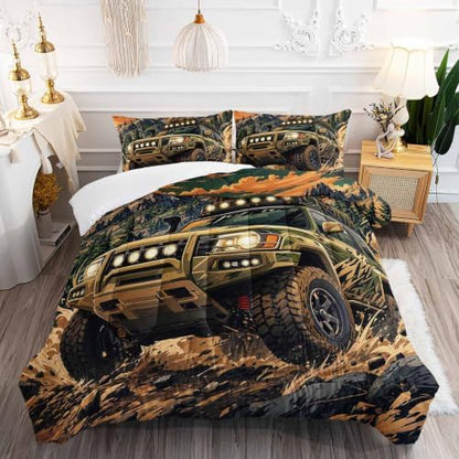 AILONEN Full Comforter Set 3 Piece, Forest Trail Utility Truck Sunset Artwork, Smooth Microfiber Down Alternative Quilt with 2 Pillowcases for Rustic Guest Room