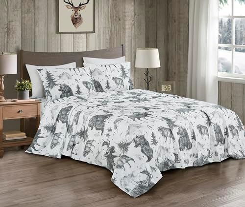 Chezmoi Collection 3-Piece Lodge Sheet Set Twin XL Size - White Gray Black Grizzly Bear Wolves Moose Pine Tree Mountain Printed Brushed Microfiber Lightweight Breathable Deep Pocket Bed Sheets