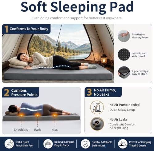 CYMULA Memory Foam Camping Mattress Pad,Sleeping Pad for Camping,Non-Slip Bottom Floor Car Mattress Bed with Retaining Portable Roll up Mattress Pad Mat for Travel Truck Guest Bed Tent