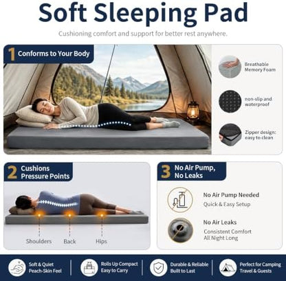 CYMULA Memory Foam Camping Mattress Pad,Sleeping Pad for Camping,Non-Slip Bottom Floor Car Mattress Bed with Retaining Portable Roll up Mattress Pad Mat for Travel Truck Guest Bed Tent