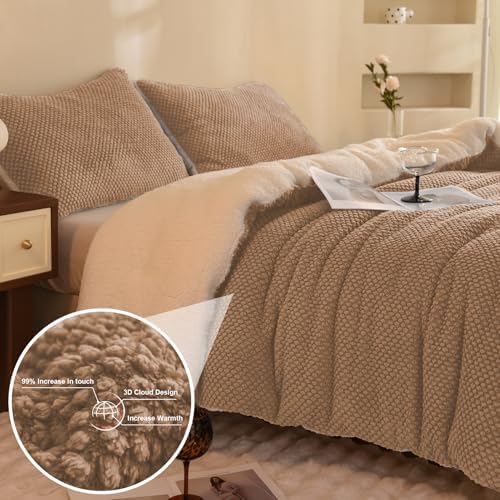 LLanCL 3D Jacquard Design Comforter Set, Ultra-Soft Warm Twin Size Sherpa Fur Plush 2-Pieces Sets Luxury Cozy Bedding with 1 Pillowcase (68"x90", Beige)