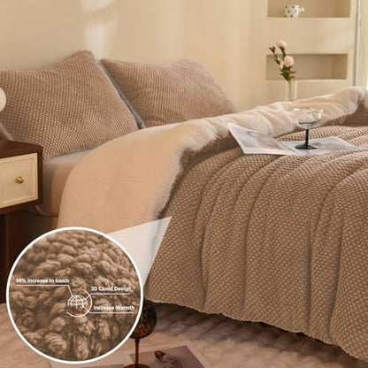 LLanCL 3D Jacquard Design Comforter Set, Ultra-Soft Warm Twin Size Sherpa Fur Plush 2-Pieces Sets Luxury Cozy Bedding with 1 Pillowcase (68"x90", Beige)