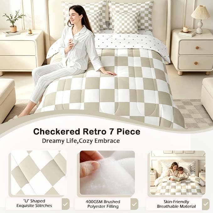 Feelyou Checkered 7 Piece Bedding Set Teen Women Men Beige Plaid Comforter Set with Sheets King Size Kids Boys Cute Retro Neutral Checkerboard Geometric Bed in a Bag Vintage Aesthetic Room Decor