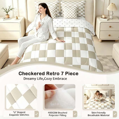 Feelyou Checkered 7 Piece Bedding Set Teen Women Men Beige Plaid Comforter Set with Sheets Twin Size Kids Boys Cute Retro Neutral Checkerboard Geometric Bed in a Bag Vintage Aesthetic Room Decor