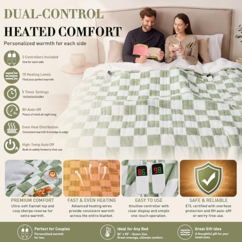 Electric Blanket Heated King Size, 90"X100" Dual Control, Sage Green