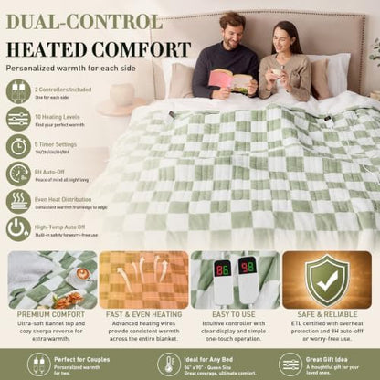 Electric Blanket Heated King Size, 90"X100" Dual Control, Sage Green