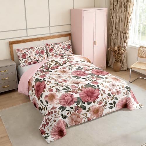 Castle Fairy Vintage Floral Leaf Comforter Set Twin Size,Romantic Pink Flowers Leaves Bedding Set,Kids Boys Adults Bedroom Decor,Country Farmhouse Super Soft Duvet Insert,1 Pillowcase