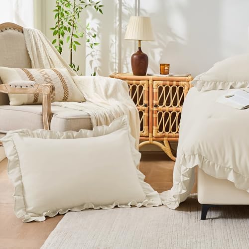 FUANNA King Size Comforter Set, Ruffle Bedding, 3 PCS Bed Set, Cream White