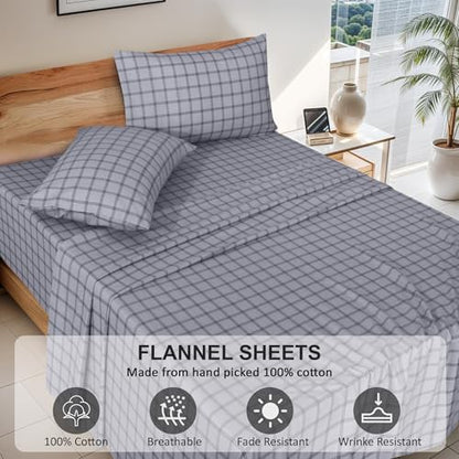 RUVANTI Flannel Sheets Set Twin Size, Open Grid Check