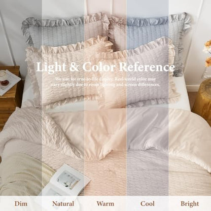 JOLLYVOGUE Beige Comforter Full Size, 3 Pieces Seersucker Lightweight Full Size Bedding, All Season Fluffy Microfiber Bedding Comforter Set with 1 Ruffle Comforter and 2 Ruffle Pillowshams