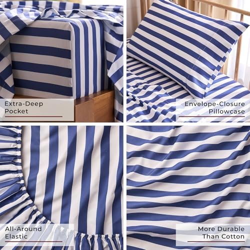 Mellanni Iconic 3-PC, Ultra Soft Sheet Set (Twin, Oxford Stripe Blue Nova)