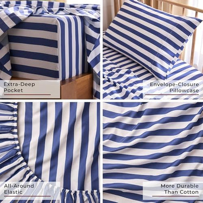 Mellanni Iconic 3-PC, Ultra Soft Sheet Set (Twin, Oxford Stripe Blue Nova)