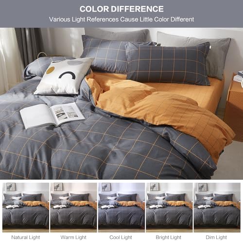 SAPHREAS Black Orange Plaid Duvet Cover Set 3pcs Full Size 100% Cotton Dark Gray Grid Geometric Bedding Comforter Cover Set 1 Duvet Cover 2 Pillow Shams