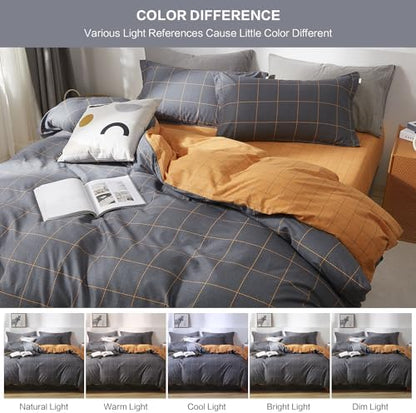 SAPHREAS Black Orange Plaid Duvet Cover Set 3pcs Full Size 100% Cotton Dark Gray Grid Geometric Bedding Comforter Cover Set 1 Duvet Cover 2 Pillow Shams