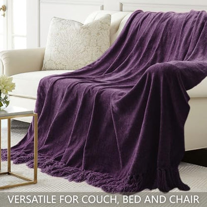 Chenille Throw Blanket for Couch 50" x 60", Dark Purple