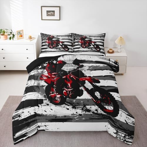 Feelyou Motocross Kids Comforter Set Twin American Flag Pattern Bedding Set Dirt Bike Duvet Quilt for Kids Boys Girls Bedroom Black and White Stripes Decor Motorbike Microfiber Soft Breathable