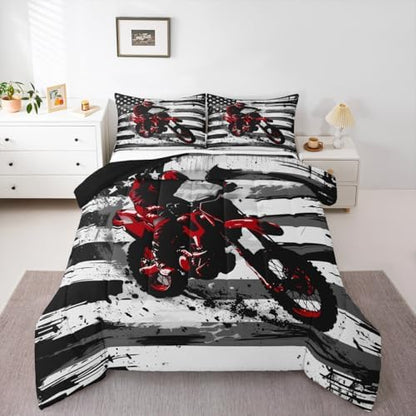 Feelyou Motocross Kids Comforter Set Twin American Flag Pattern Bedding Set Dirt Bike Duvet Quilt for Kids Boys Girls Bedroom Black and White Stripes Decor Motorbike Microfiber Soft Breathable