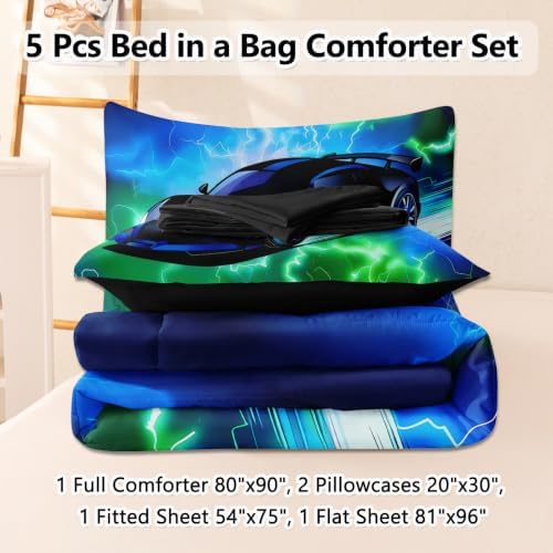 5 Pcs Car Comforter Sets for Boys, Cool Blue Green Lightnings Bed in A Bag Full Size Car Bedding Set for Boys Teens