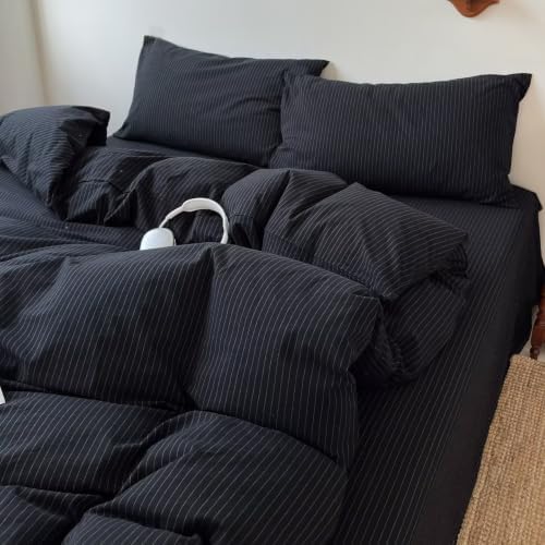 PinkMemory Black Striped Duvet Cover King White Pinstripe Duvet Cover Bedding Set 100% Washed Cotton Stripes Patterned 3pcs Retro Striped Bedding with Zipper Closure Corner Ties,Soft Breathable